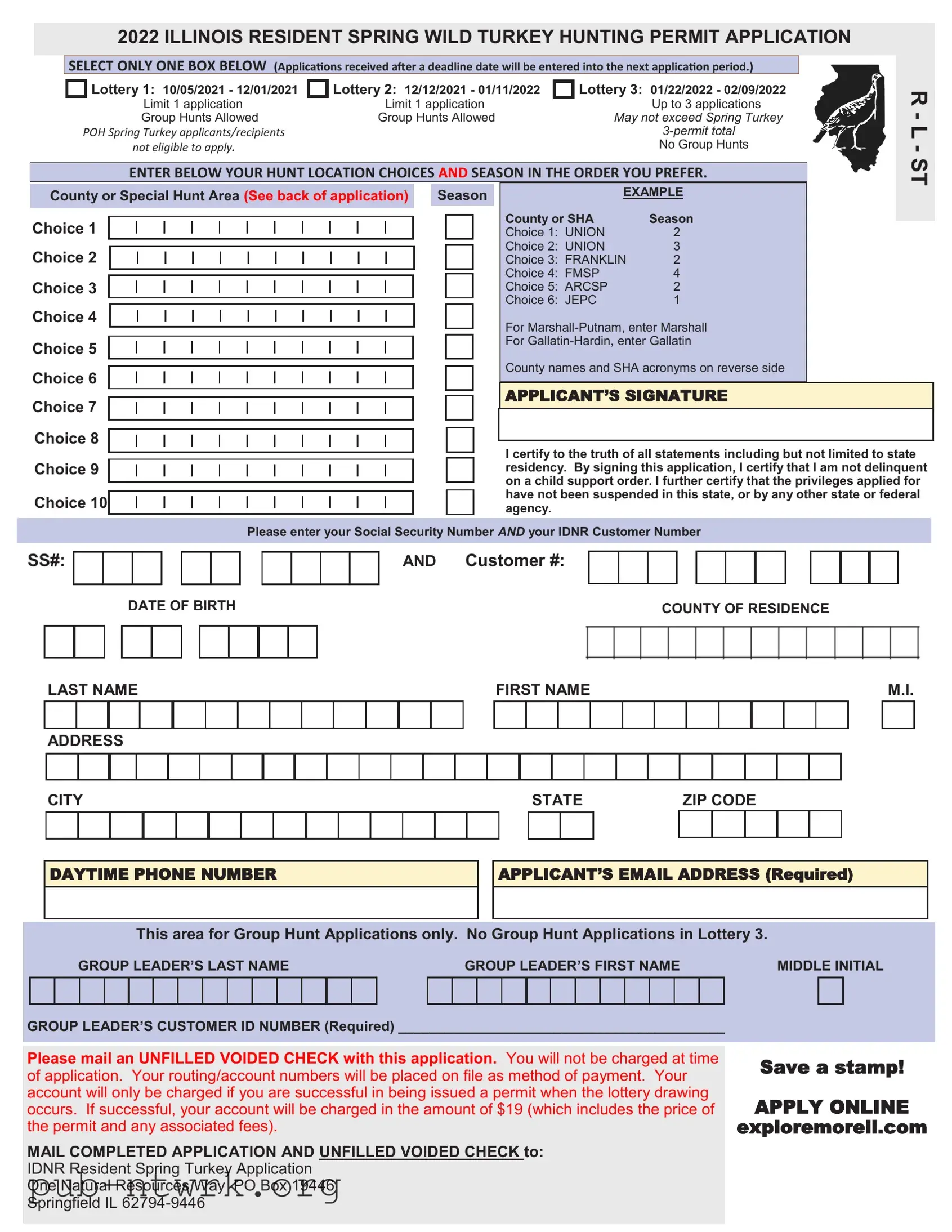 Blank Illinois Turkey Permit Application PDF Form