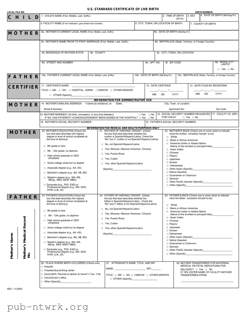 Blank CDC U.S. Standard Certificate of Live Birth PDF Form