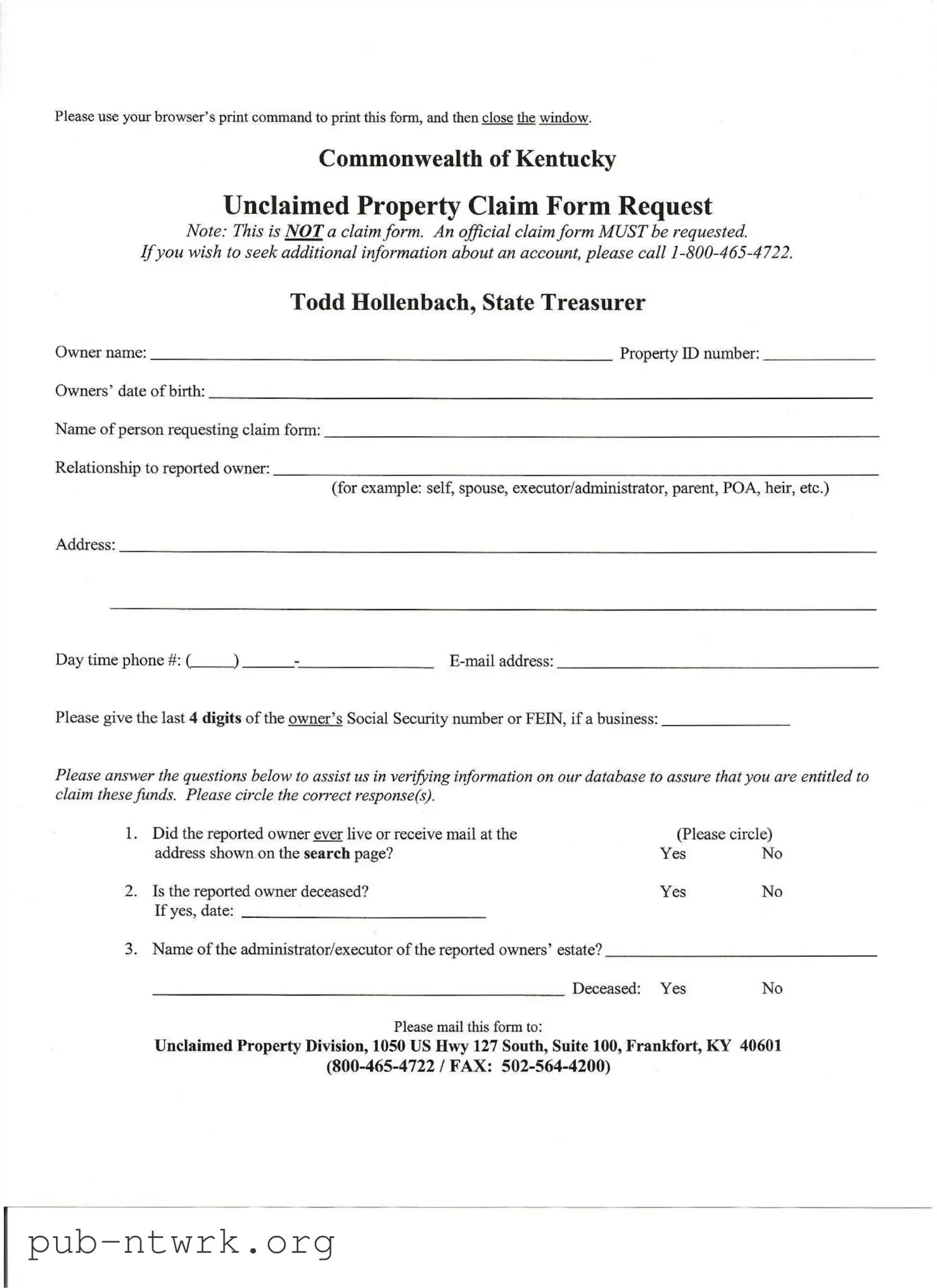 Blank Kentucky Unclaimed Property Reporting PDF Form