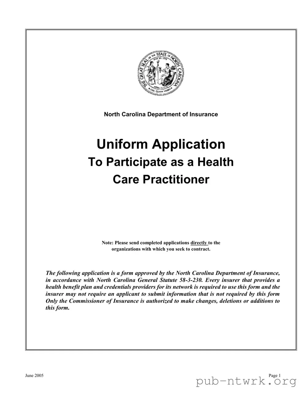 Blank North Carolina Department Of Insurance PDF Form