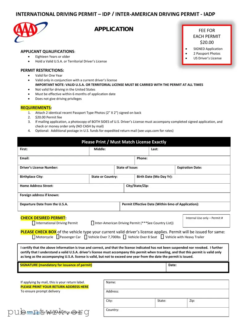 Blank Aaa International Driving Permit Application PDF Form