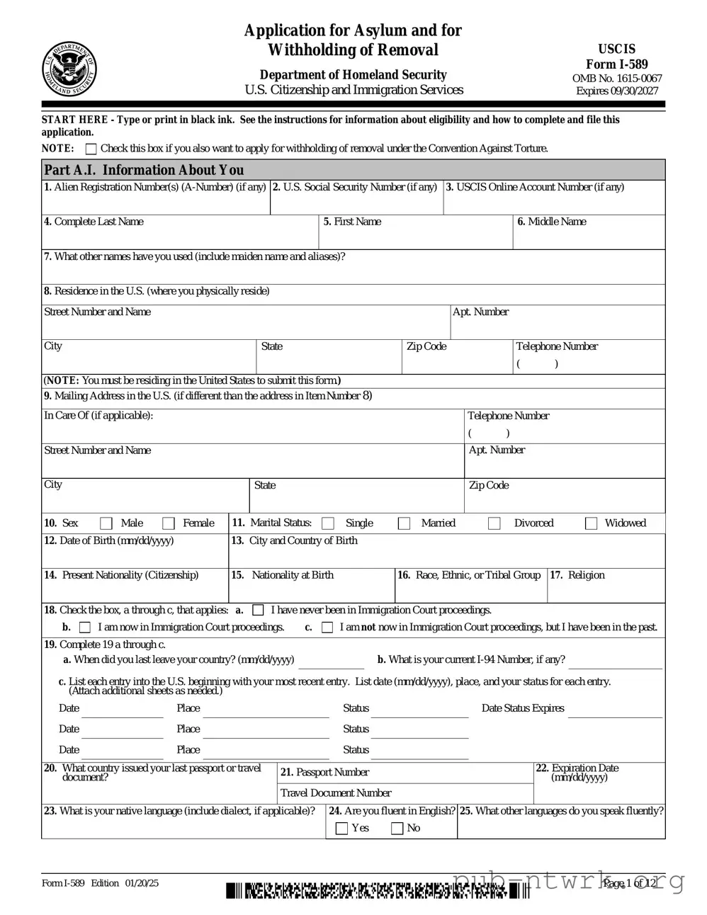 Blank USCIS I-589 PDF Form