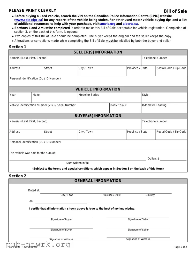 Blank Alberta Bill Sale PDF Form