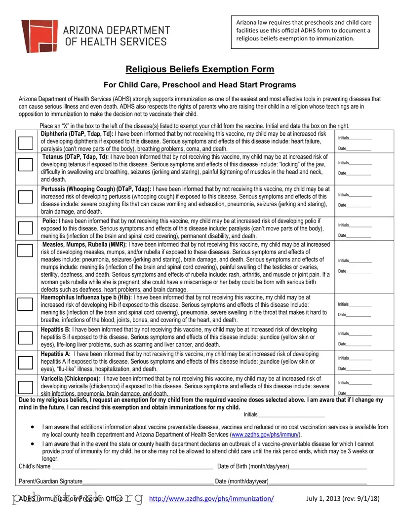 Blank Arizona Religious Beliefs PDF Form