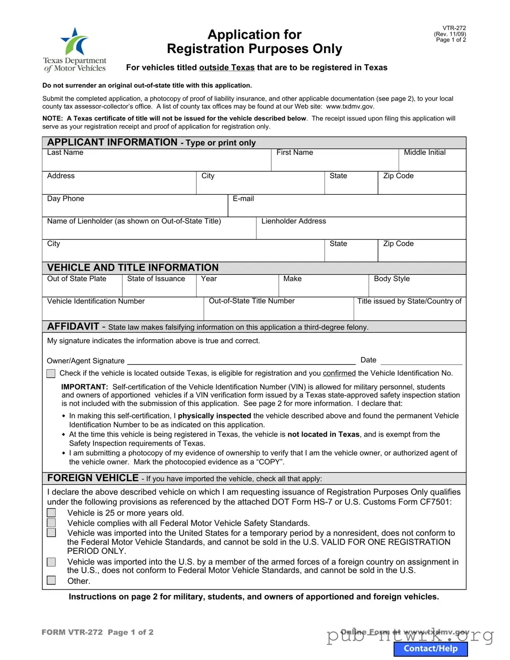 Blank Texas Vtr 272 PDF Form
