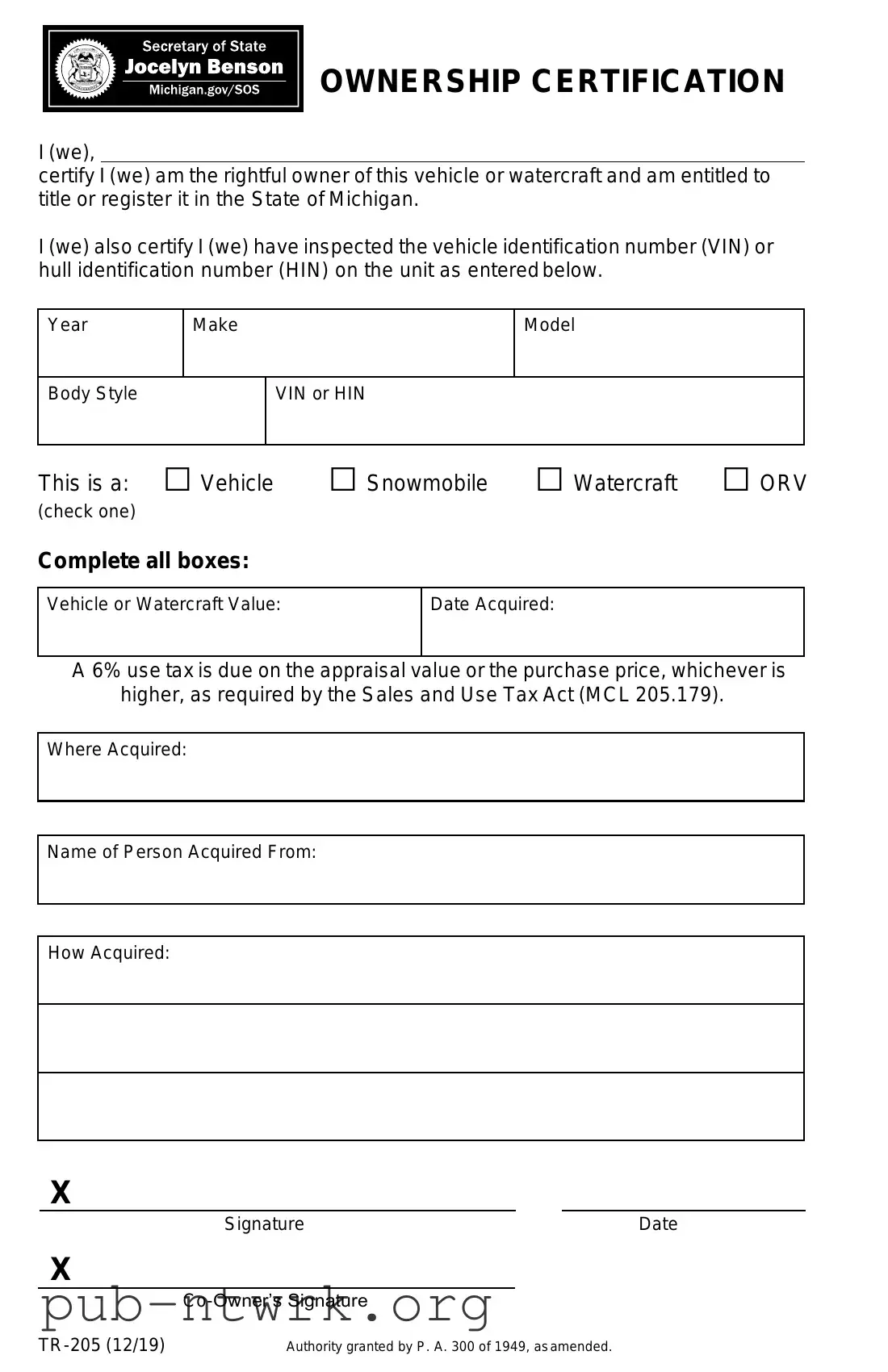 Blank Michigan Tr 205 PDF Form