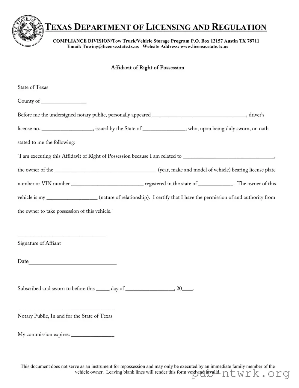 Blank Texas Possession PDF Form