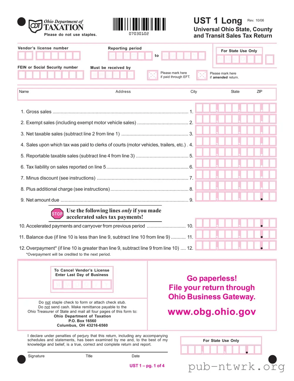 Blank Ohio Ust 1 PDF Form