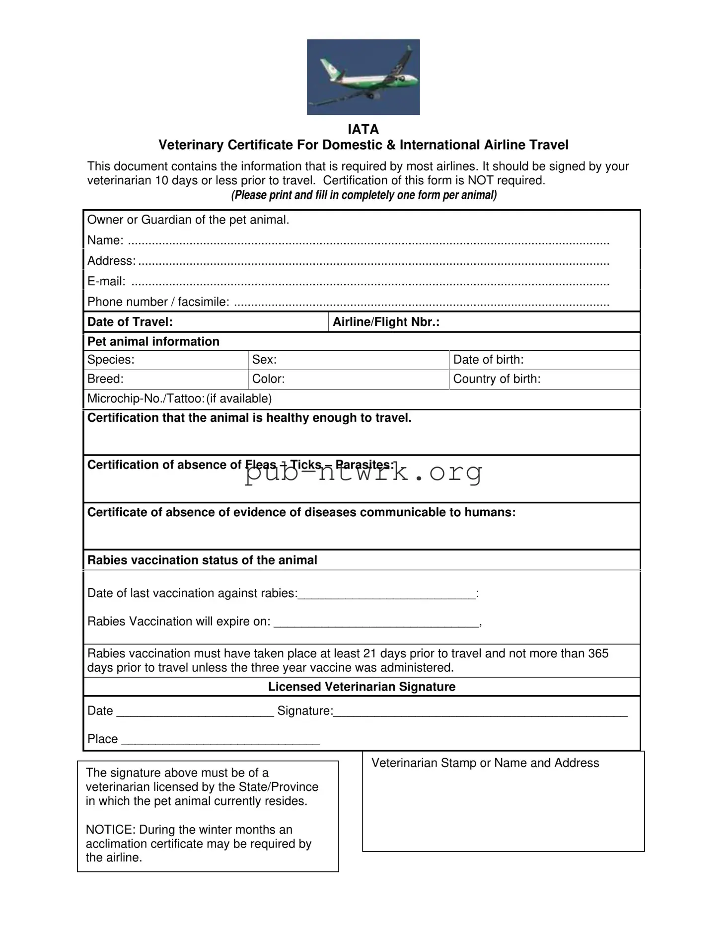 Blank Veterinary Certificate Travel PDF Form
