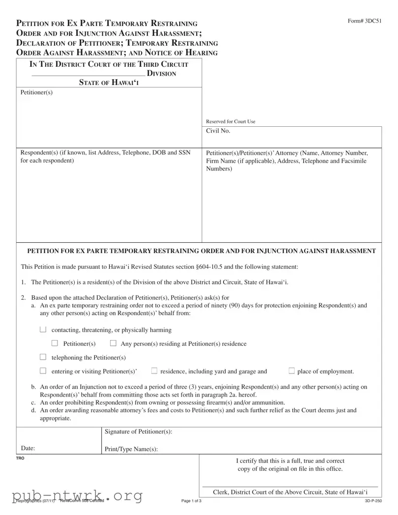 Blank Hawaii Restraining Order PDF Form