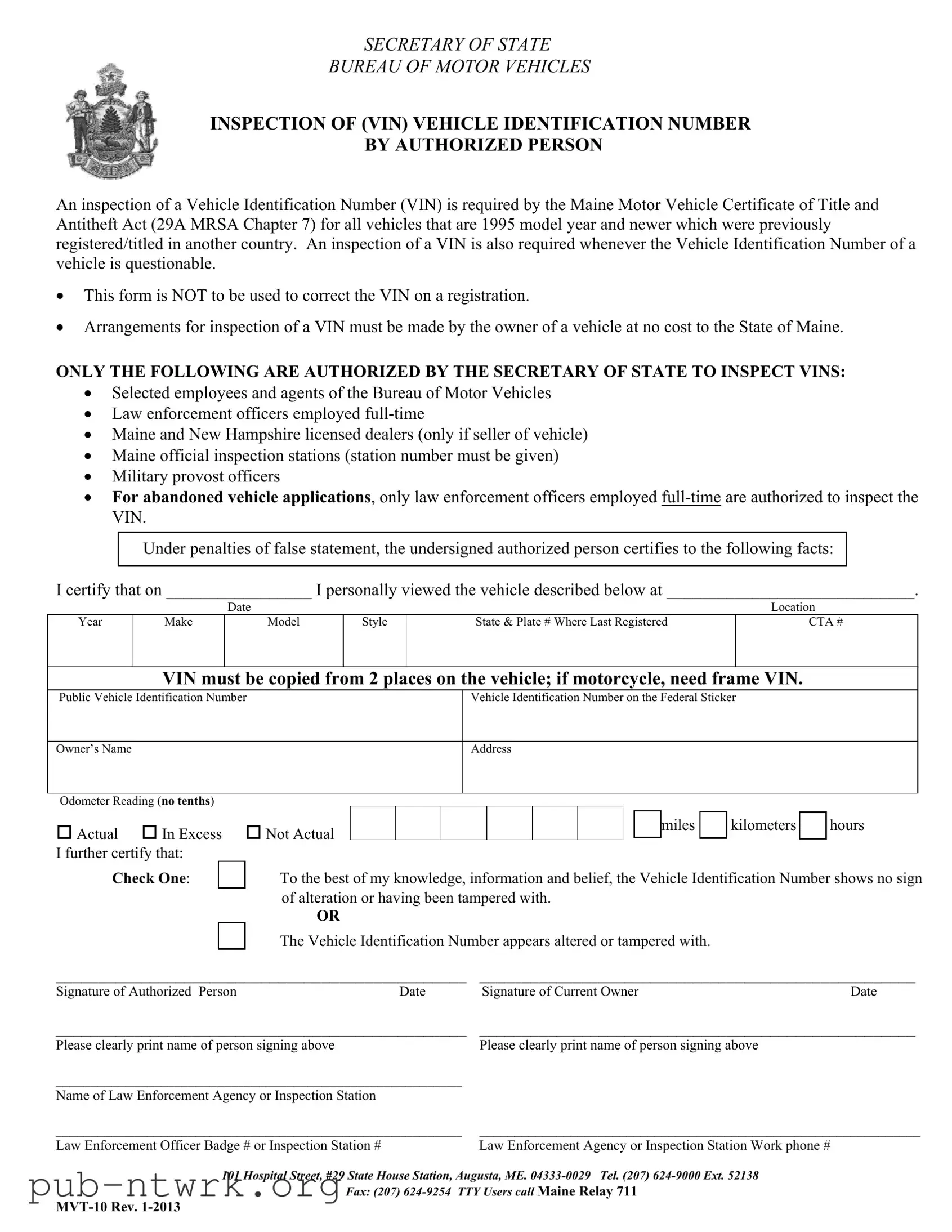 Blank Maine Mvt 10 PDF Form