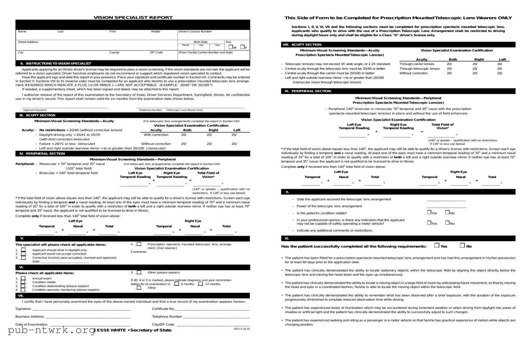 Blank Illinois Vision Specialist Report PDF Form