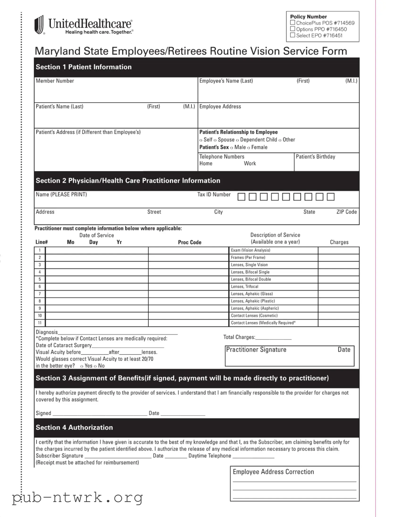Blank Maryland Employees Vision PDF Form