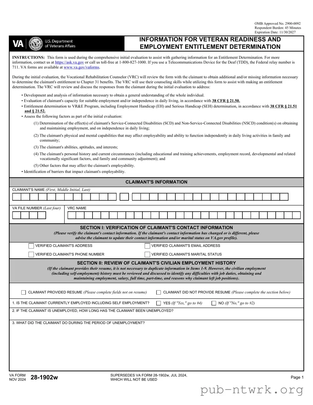 Blank VBA VA 28-1902w PDF Form