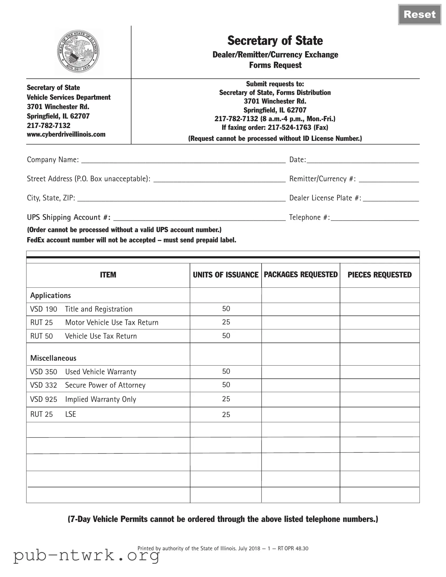 Blank Illinois Vsd 190 PDF Form