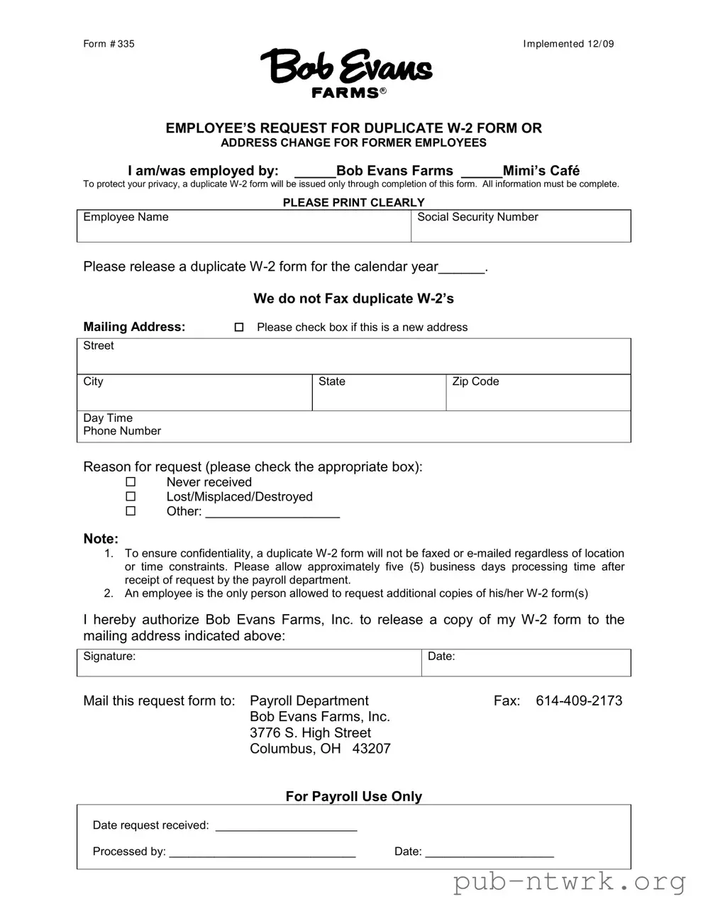 Blank W2 Bob Evans Indianapolis PDF Form