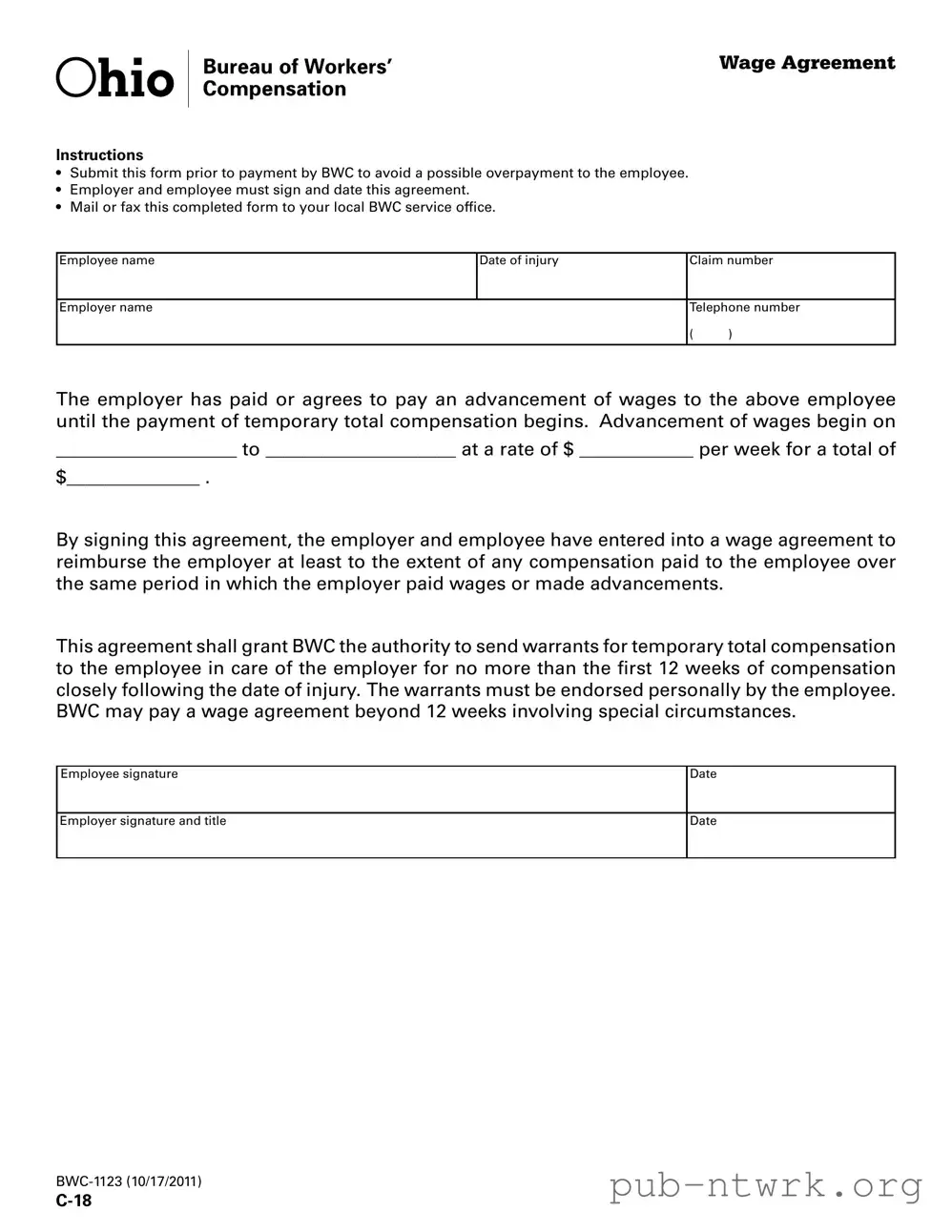 Blank Wage Agreement Ohio PDF Form