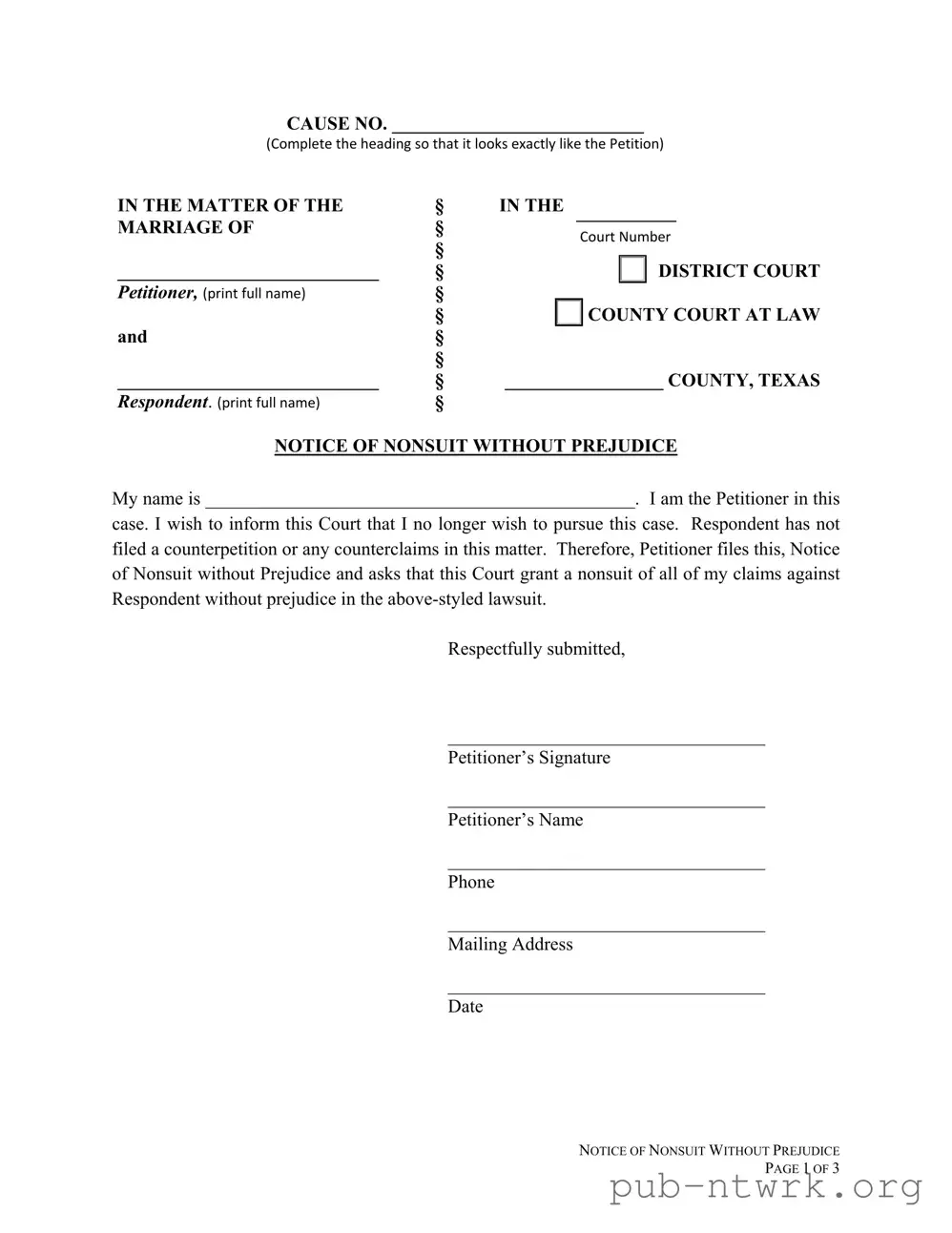 Blank Texas Notice Of Nonsuit PDF Form