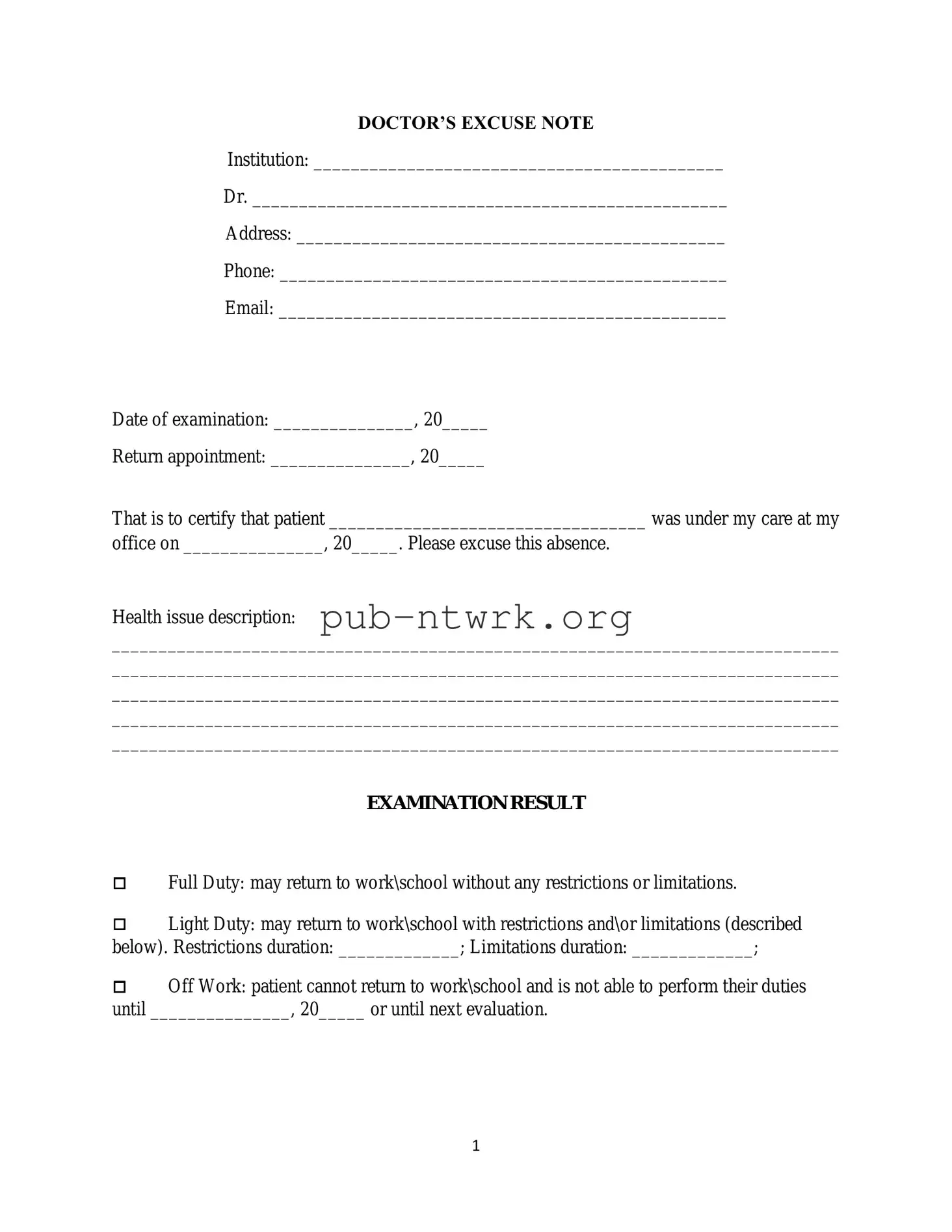 Blank Doctors Excuse Note PDF Form