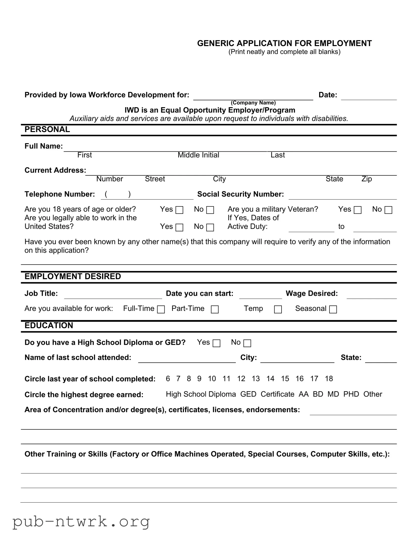 Blank Iowa Application Employment PDF Form