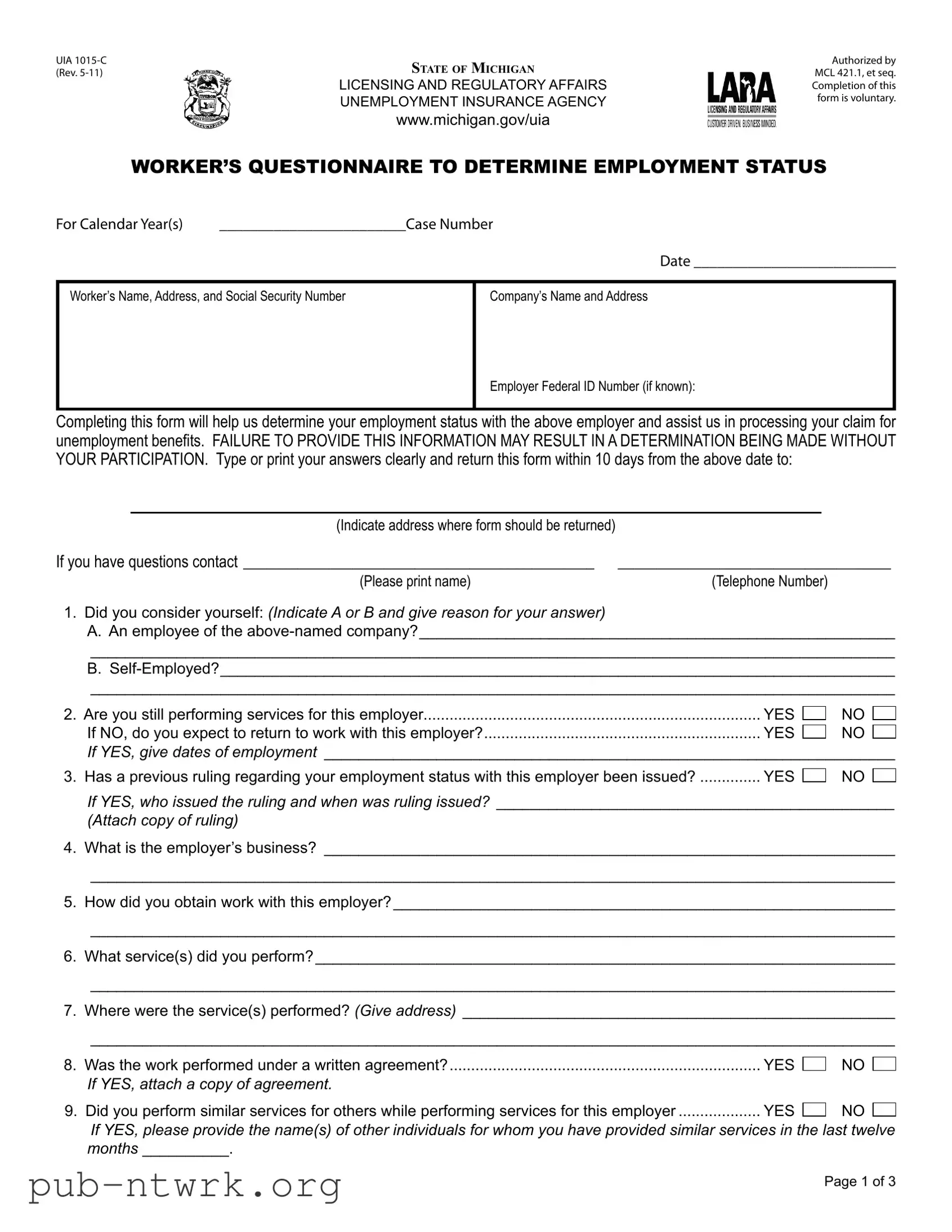 Blank Michigan Uia 1015 C PDF Form
