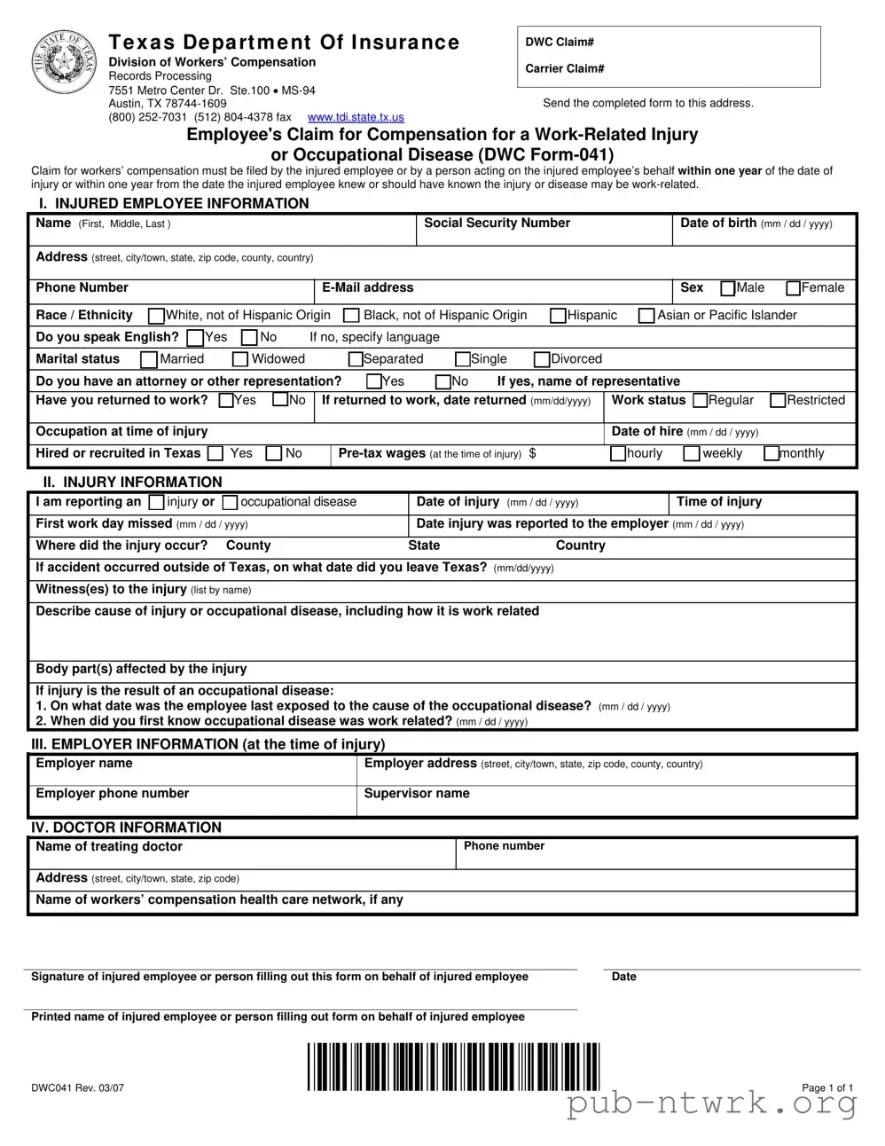 Blank Texas Dwc041 PDF Form