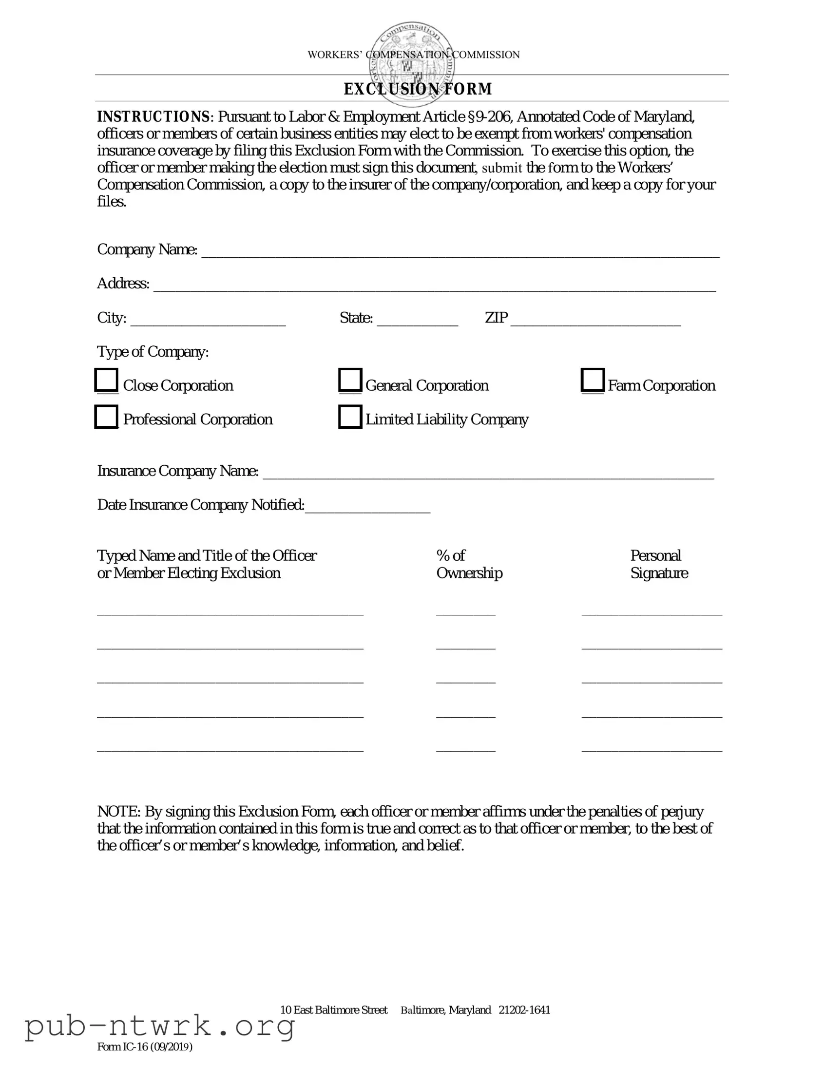 Blank Maryland Exclusion PDF Form
