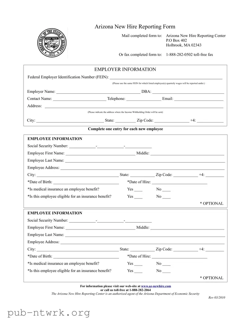 Blank Arizona New Hire Reporting PDF Form