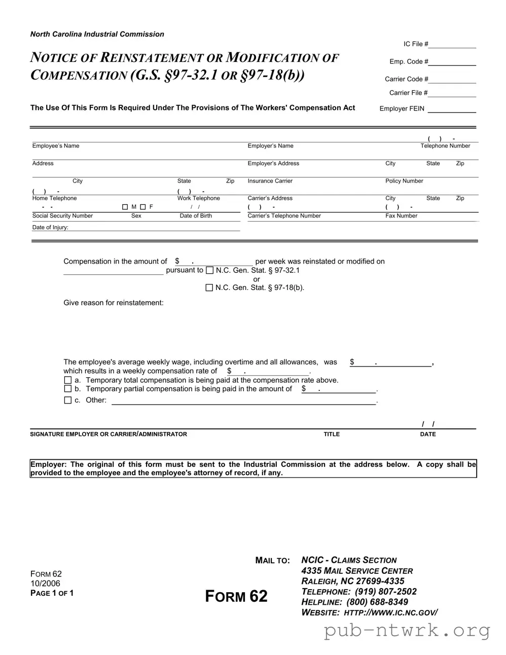 Blank North Carolina 62 PDF Form