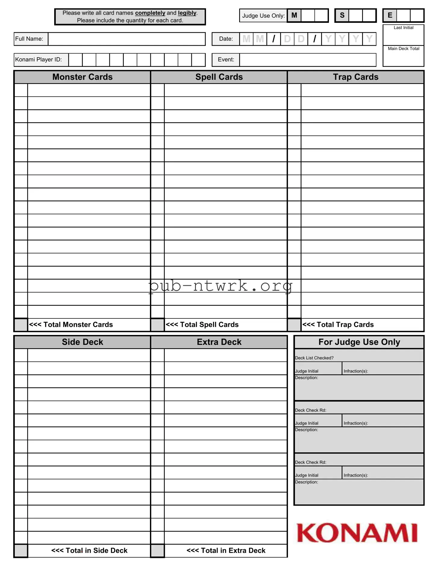 Blank Konami Decklist PDF Form